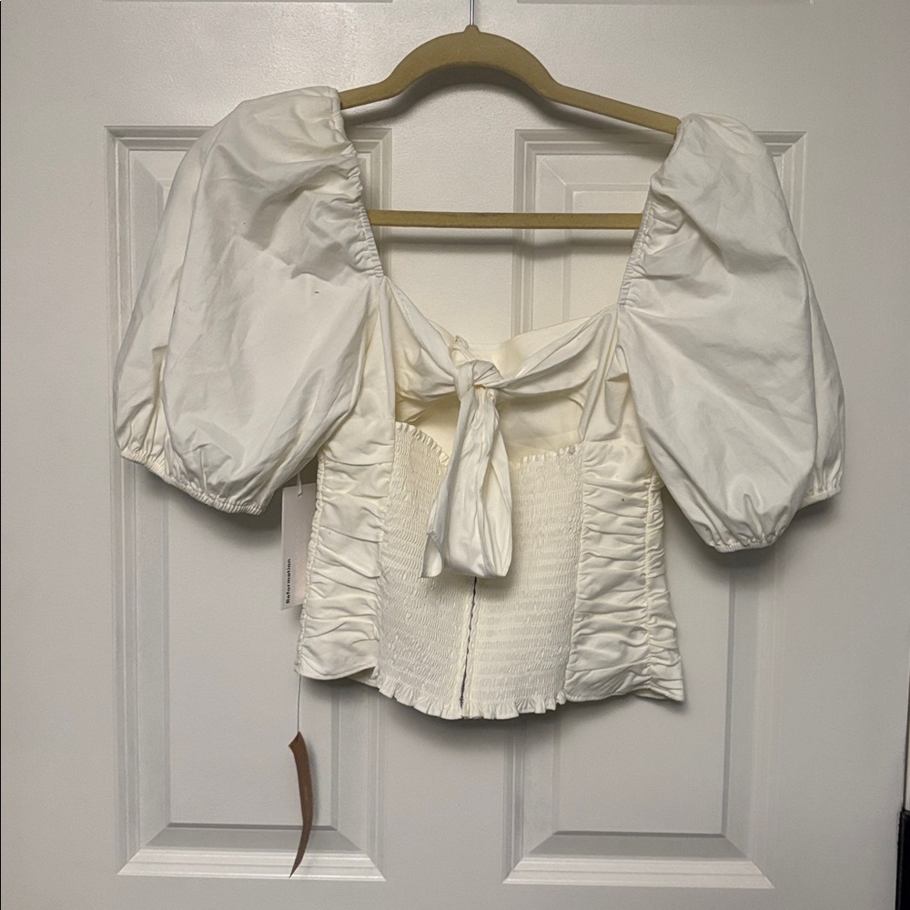 NWT [$245] Reformation Barry Ivory Puff-Sleeve Ruched Square-Neck Top - Picture 4 of 6